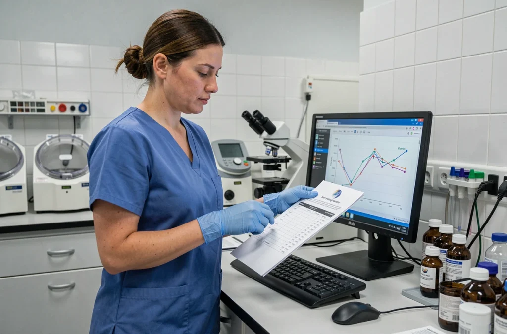 Immunologiste en laboratoire examinant les résultats sérologiques EBV chez un patient immunodéprimé