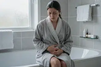 Jeune femme en robe de bain assise sur le bord d'une baignoire, tenant son abdomen avec une expression de douleur discrète, illustrant les symptômes d'une infection urinaire récidivante
