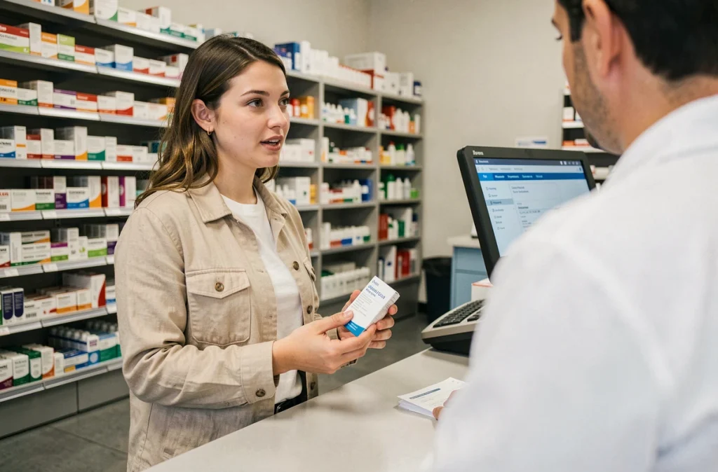 Jeune femme récupérant un traitement antibiotique en pharmacie pour une infection urinaire récidivante, en conversation avec un pharmacien