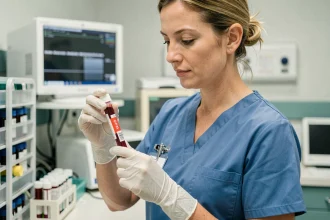 Infirmière étiquetant un tube de sang O négatif dans un laboratoire médical