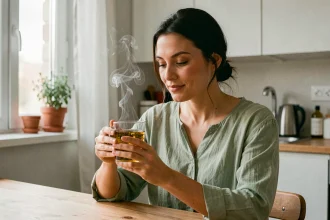 Femme tenant une infusion chaude dans une cuisine scandinave, dans le cadre d'un rééquilibrage alimentaire sain