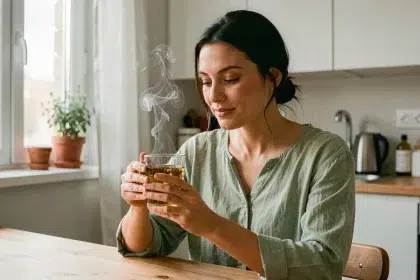 Femme tenant une infusion chaude dans une cuisine scandinave, dans le cadre d'un rééquilibrage alimentaire sain