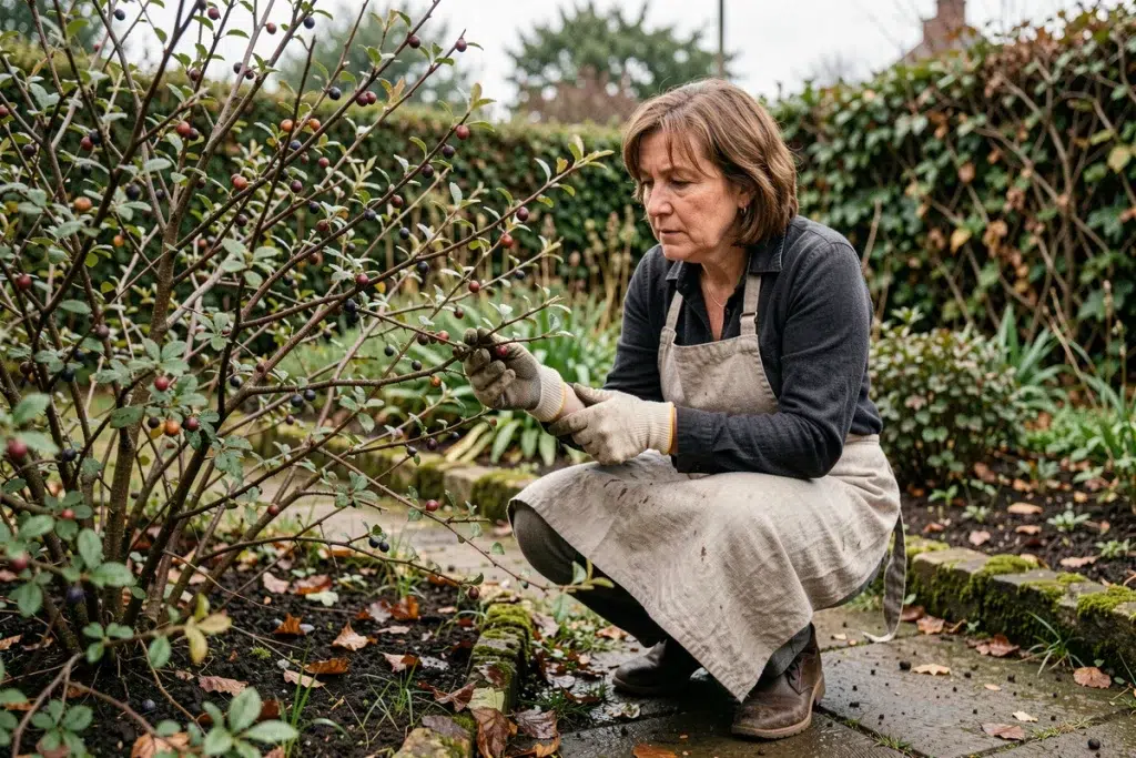Une jardinière en tablier de lin examine prudemment un arbuste de prunellier sauvage aux épines acérées dans un jardin de banlieue
