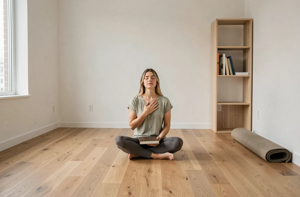 Jeune femme assise sur le sol en méditation avec un journal intime, pratiquant la pleine conscience pour protéger sa santé mentale face à l'isolement