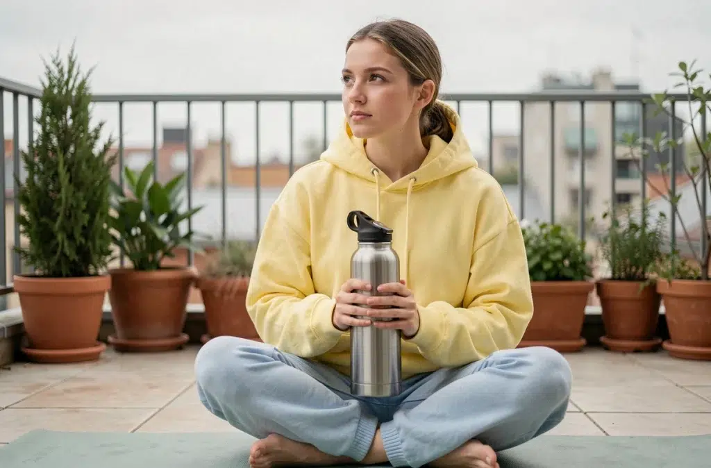 Jeune femme en tenue de yoga sur un balcon urbain tenant une gourde en inox, évoquant l'hydratation quotidienne comme pilier de l'énergie et du bien-être