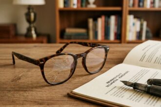 Lunettes cassées avec verre fissuré posées sur un document d'assurance, illustrant la garantie casse d'une mutuelle optique