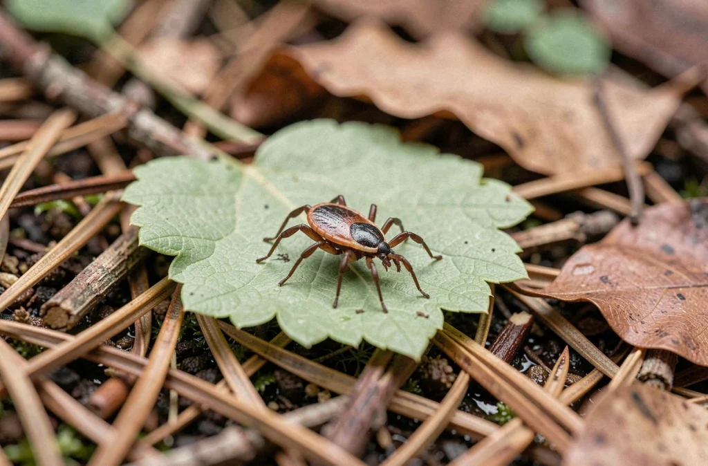 Gros plan macro d'une tique Ixodes ricinus sur une feuille en forêt, vecteur principal de la maladie de Lyme en zone rurale