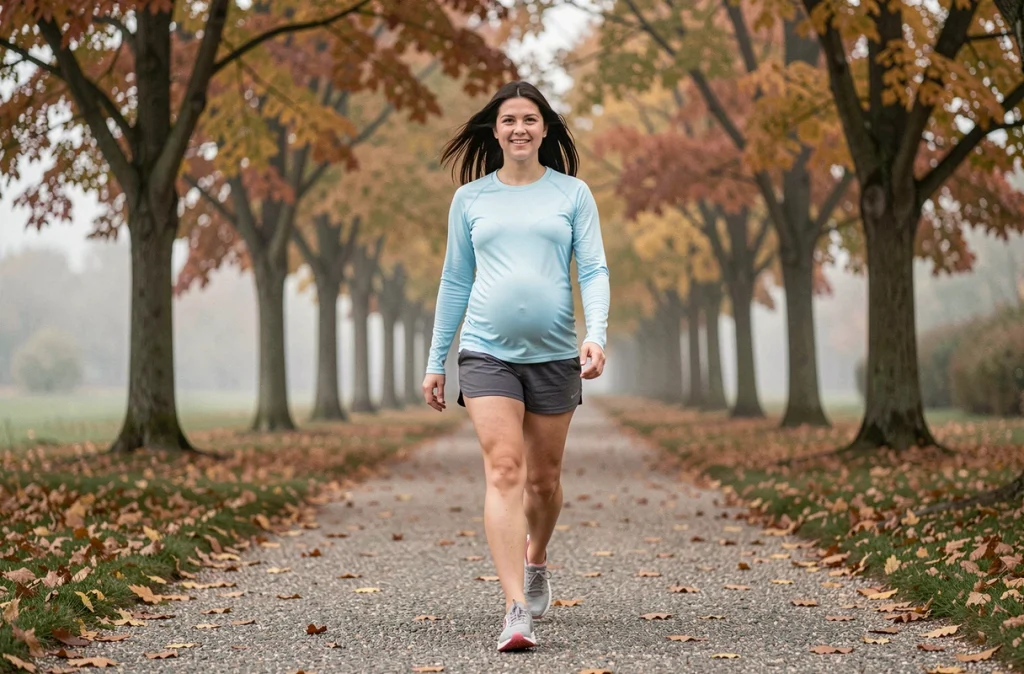 Femme enceinte au troisième trimestre marchant dans un parc en automne pour rester active