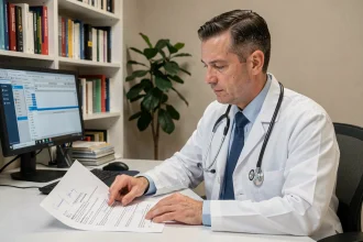 Médecin analysant un compte-rendu sérologique IgG anti-VCA et anti-EBNA positif en consultation médicale