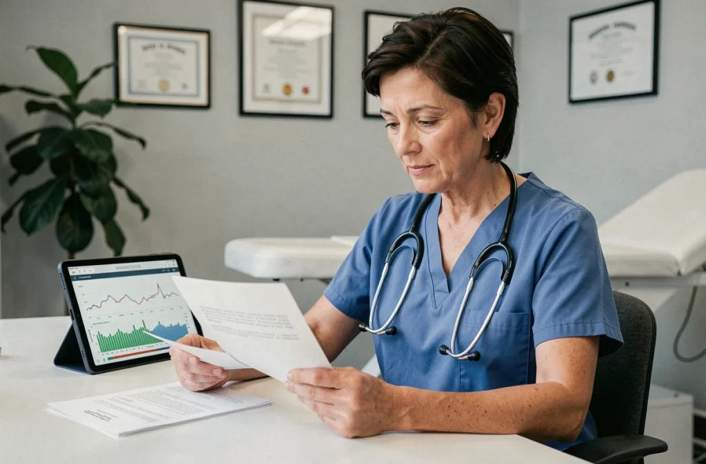 Médecin endocrinologue analysant des résultats de glycémie lors d'une consultation médicale