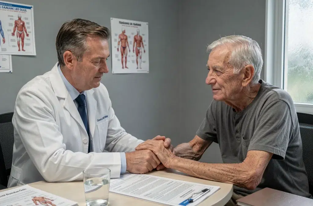 Médecin évaluant la masse musculaire d'un patient senior lors d'un bilan de dénutrition en cabinet médical
