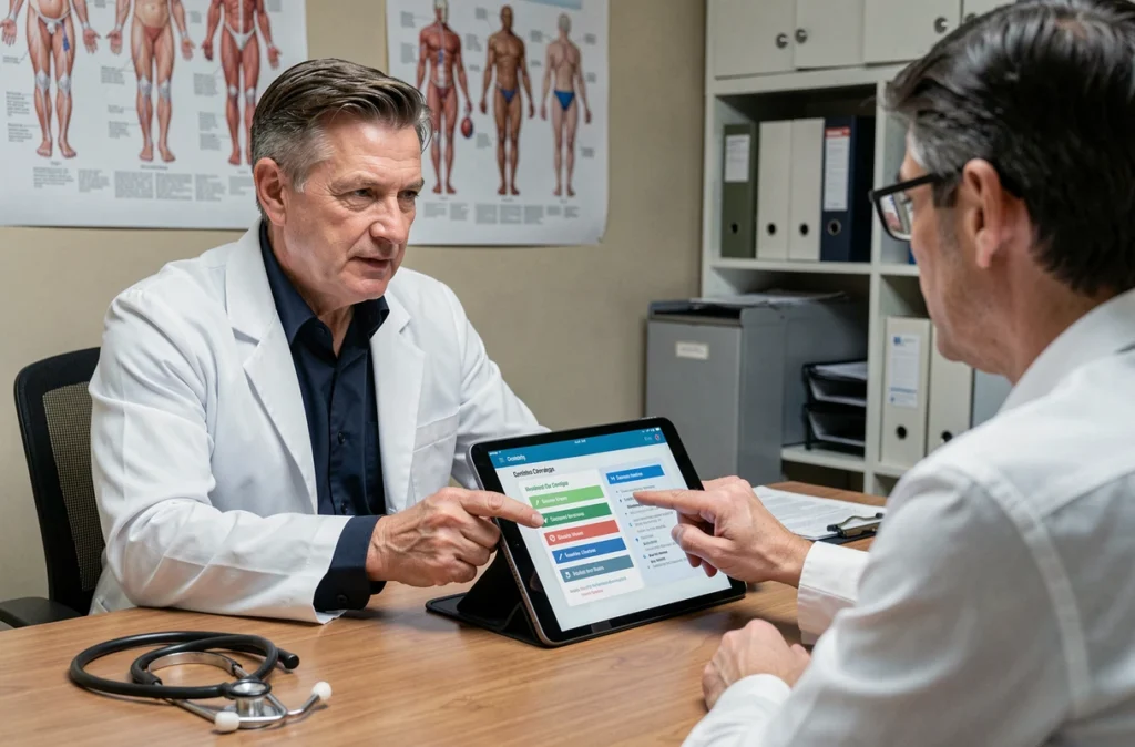 Médecin généraliste conseillant un patient sur le choix d'une mutuelle santé adaptée lors d'une consultation