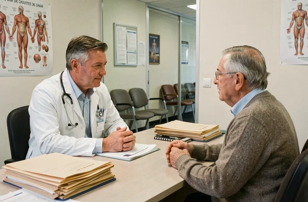 Médecin généraliste en consultation avec un patient âgé dans un cabinet médical français, illustrant le remboursement mutuelle