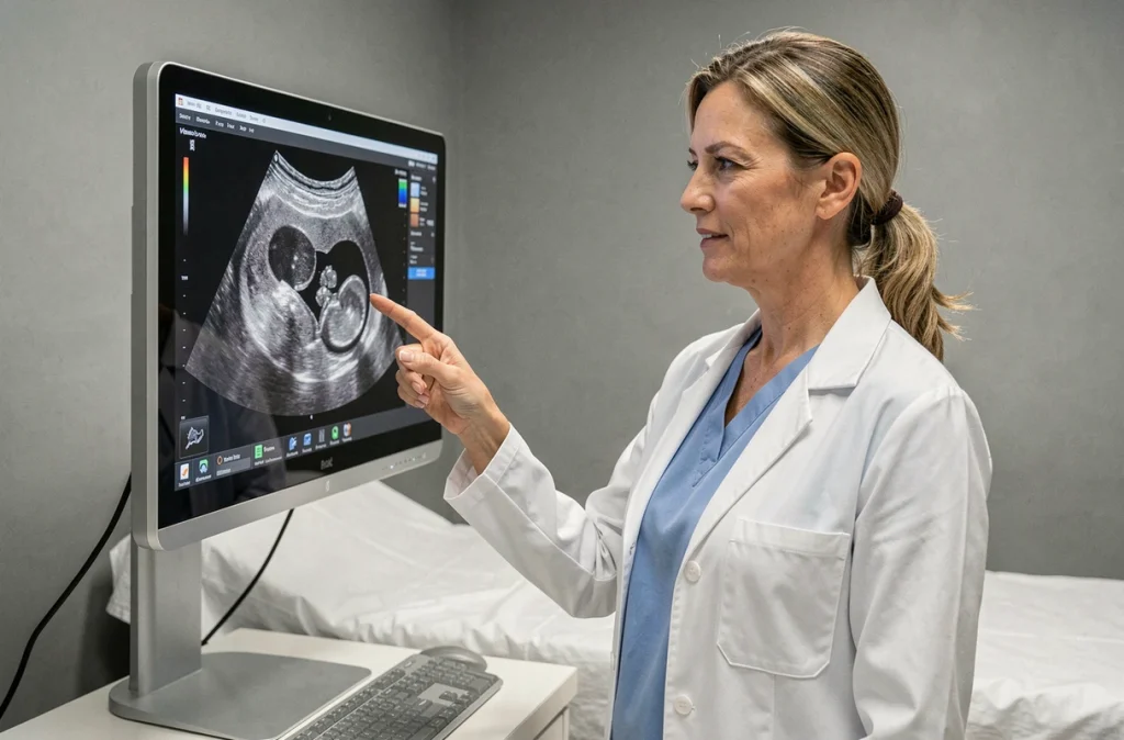 Médecin gynécologue expliquant le terme d'une grossesse gémellaire sur une échographie