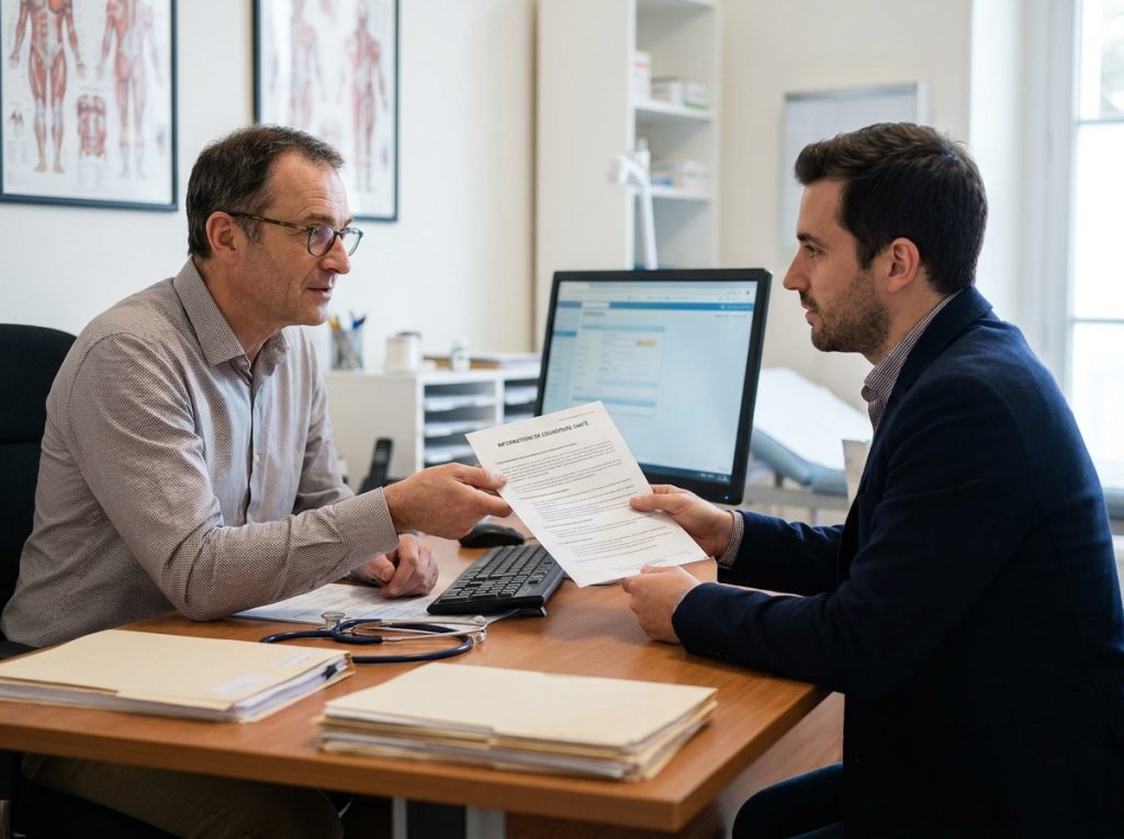 Médecin remettant une fiche d'information sur la mutuelle santé à un patient lors d'une consultation