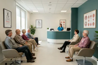 Salle d'attente d'un cabinet ophtalmologique moderne dans les Pays de la Loire, avec patients et personnel médical