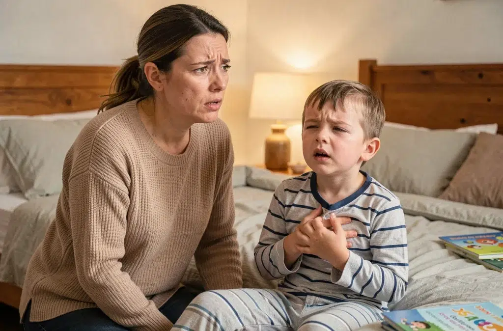 Mère inquiète surveillant son fils qui présente des difficultés respiratoires liées à l'asthme