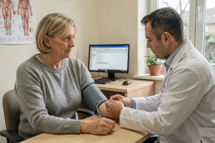 Médecin mesurant la tension artérielle d'une patiente en consultation généraliste en France