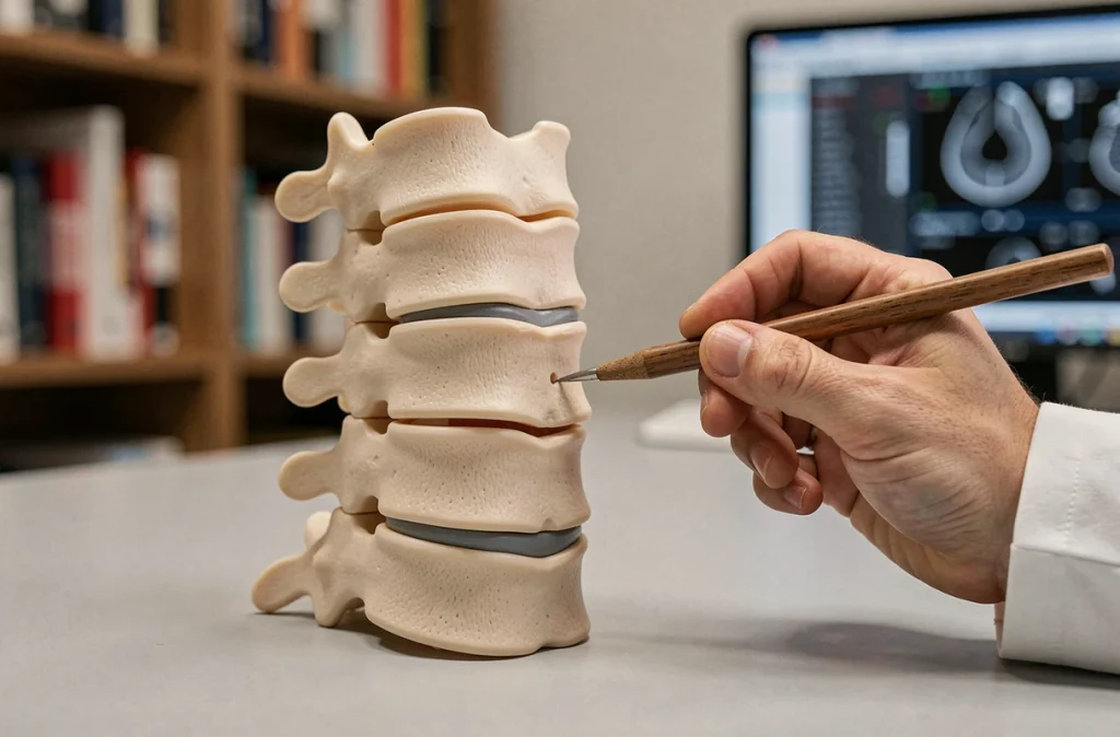 Modèle anatomique de la colonne cervicale montrant le niveau C5-C6 lors d'une explication médicale sur le rétrécissement foraminal
