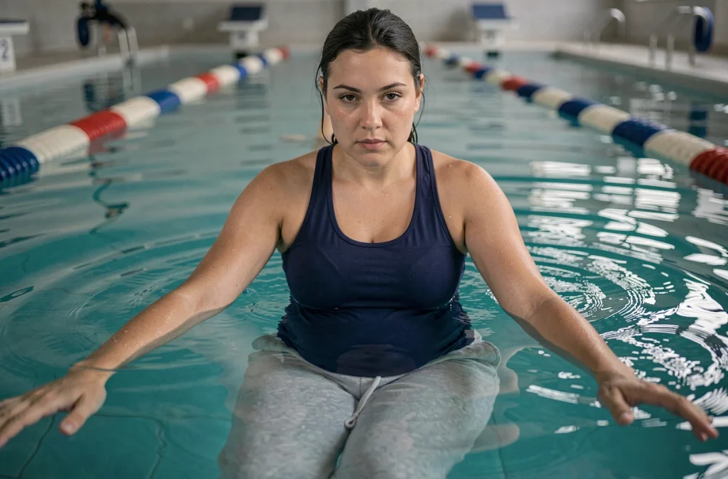 Femme enceinte au premier trimestre nageant en piscine couverte lors d'une séance d'aquagym douce