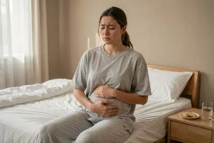 Femme enceinte assise sur le bord du lit souffrant de nausées matinales avec un verre d'eau sur la table de nuit