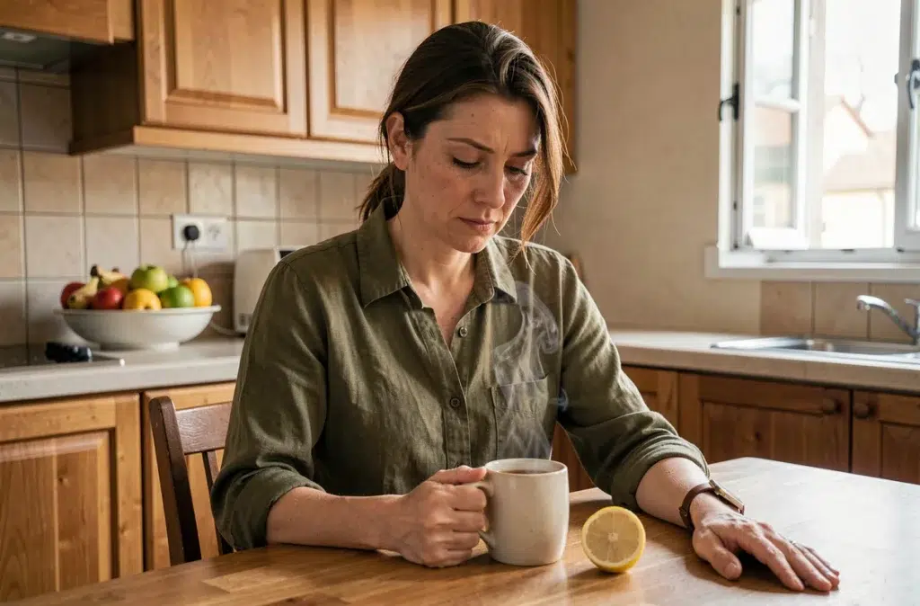 Femme assise à la table de cuisine avec une tasse de tisane au gingembre pour soulager les nausées matinales
