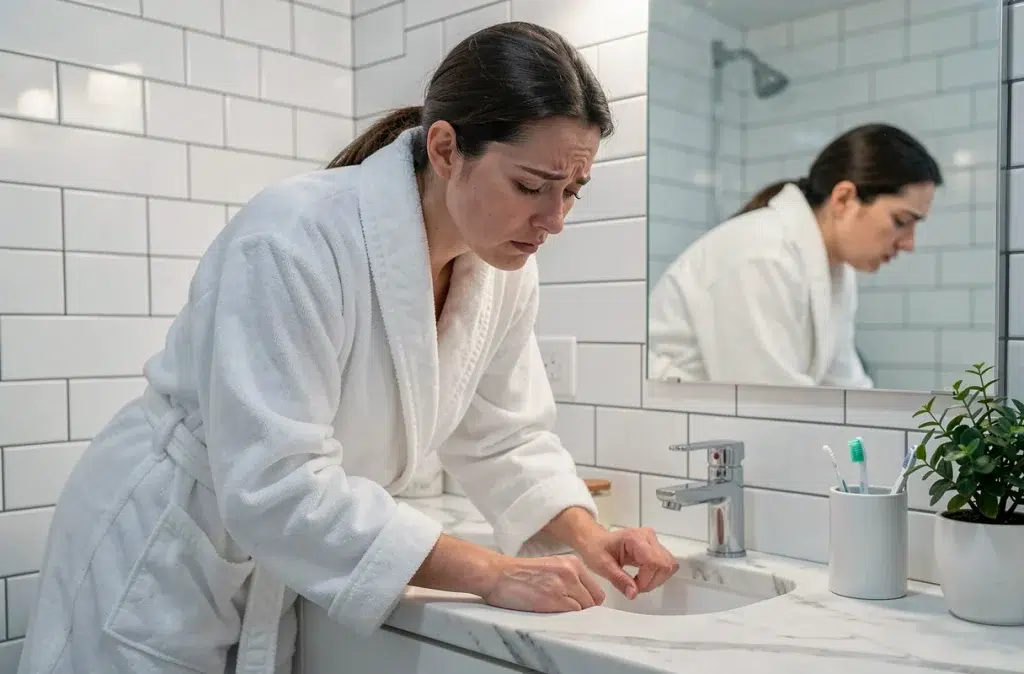 Femme en robe de chambre penchée sur le lavabo de salle de bain souffrant de nausées matinales