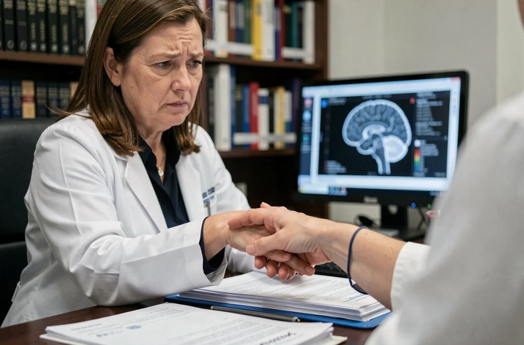 Neurologue examinant la main d'un patient pour évaluer des tremblements corporels