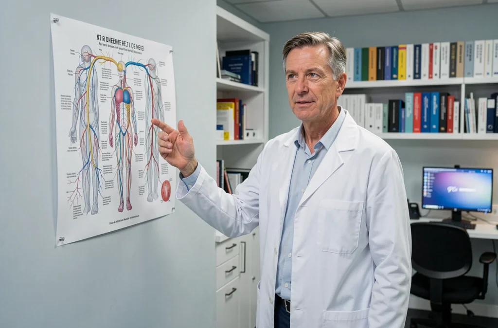 Neurologue expliquant les formes de la sclérose en plaques devant un schéma anatomique du système nerveux