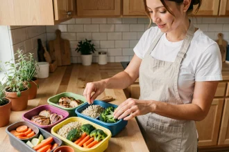 Femme préparant des repas équilibrés pour la semaine dans des boîtes hermétiques, organisation meal prep minceur