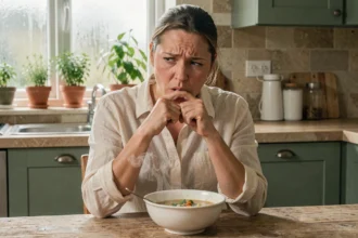 Femme souffrant d'une brûlure au palais après avoir mangé une soupe chaude, portant la main à sa bouche à table