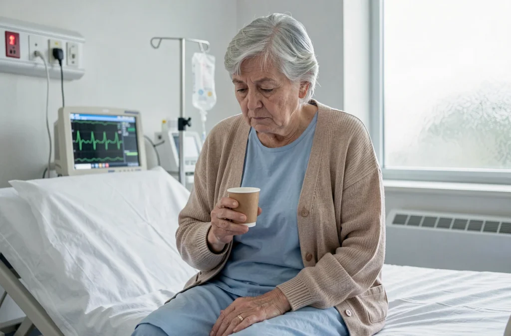 Patiente âgée en service de cardiologie tenant ses médicaments, assise sur un lit d'hôpital avec un moniteur cardiaque en arrière-plan
