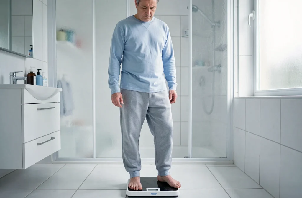 Personne se pesant sur une balance dans une salle de bain, illustrant la perte de poids inexpliquée comme symptôme précoce du diabète