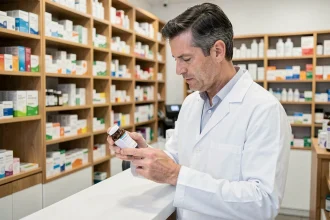 Pharmacien en blouse blanche analysant un complément alimentaire Glucovit dans une pharmacie moderne