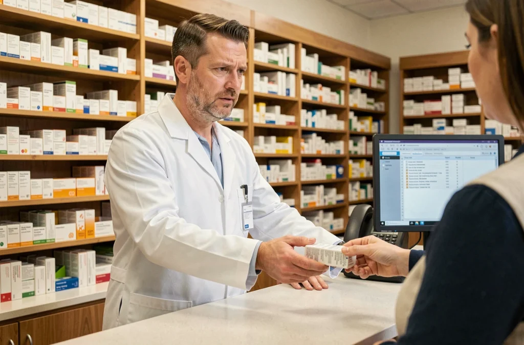 Pharmacien en blouse blanche remettant un médicament prescrit à un patient au comptoir d'une pharmacie