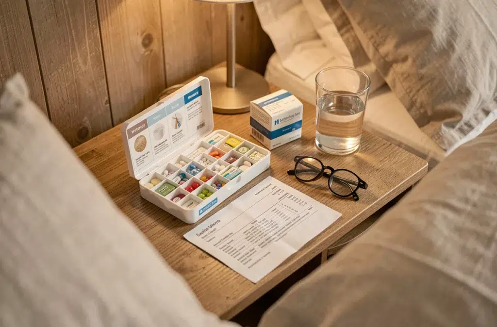 Gros plan sur une table de chevet avec des médicaments, un pilulier et une ordonnance médicale pour une femme enceinte