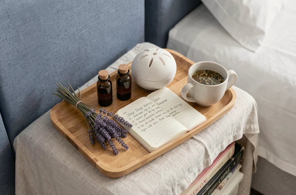 Plateau en bois avec flacons d'huiles essentielles, lavande séchée et diffuseur sur table de chevet