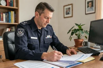 Policier en uniforme consultant des documents d'assurance emprunteur à son bureau à domicile