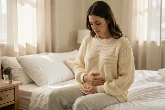 Jeune femme en début de grossesse assise sur son lit, la main posée sur le ventre, exprimant les premiers signes physiques d'une grossesse