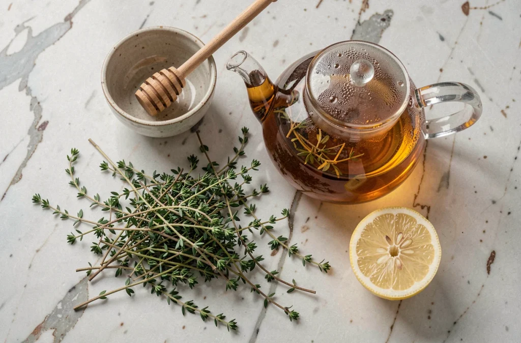 Vue de dessus d'une théière de tisane au thym avec des brins de thym frais, du miel et du citron sur marbre