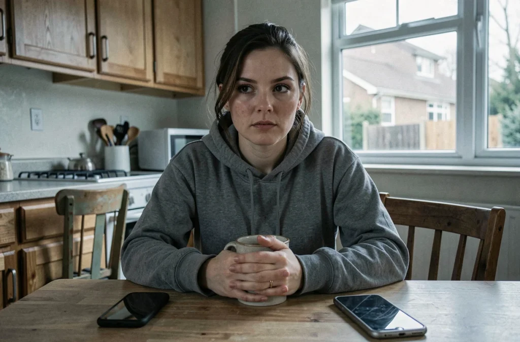 Femme seule à une table de cuisine tenant une tasse, symbolisant l'isolement et la pression médiatique vécus par les personnalités de télé-réalité comme les sœurs Slaton