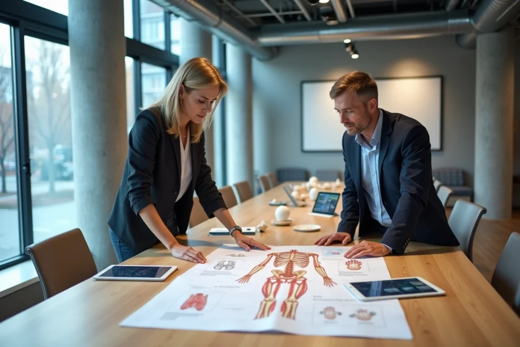 Deux professionnels discutant de modèles osseux et de schémas anatomiques dans un espace de travail collaboratif