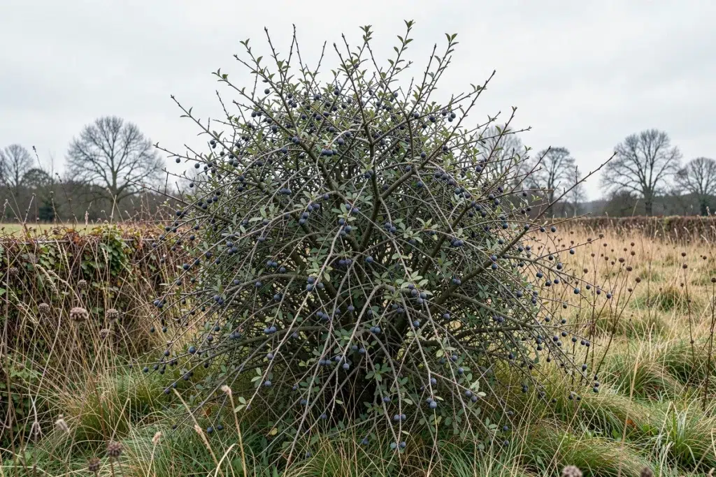 Arbuste de prunellier sauvage envahissant en bordure de jardin rural chargé de baies bleu-noir en arrière-saison
