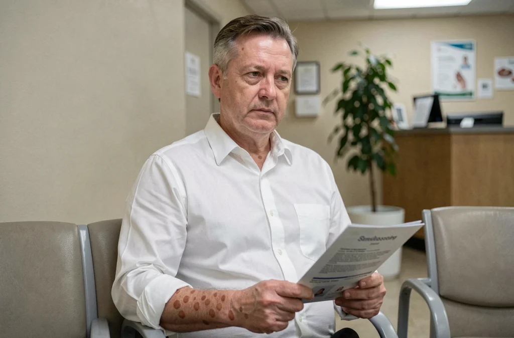 Homme atteint de psoriasis attendant une consultation dermatologique, assis dans une salle d'attente médicale, reflétant l'expérience des patients