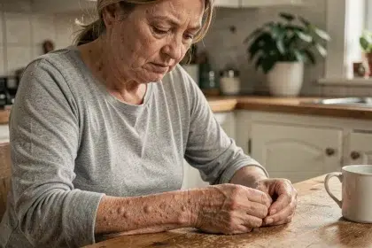 Femme d'âge moyen regardant ses mains atteintes de psoriasis, assise dans sa cuisine, illustrant l'impact quotidien de la maladie