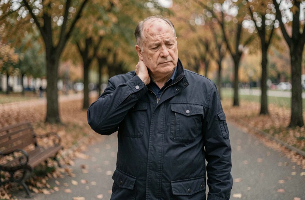 Homme souffrant de psoriasis du cuir chevelu dans un parc urbain en automne, illustrant l'isolement social lié à la maladie cutanée