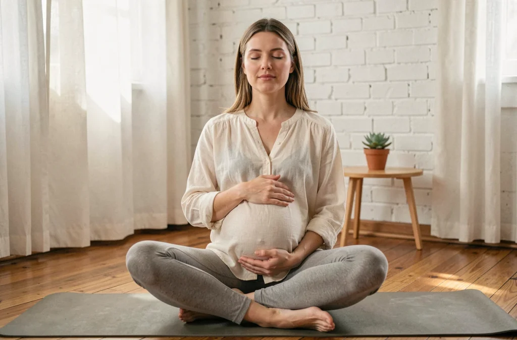 Femme enceinte pratiquant une relaxation guidée à domicile pour le bien-être mental prénatal