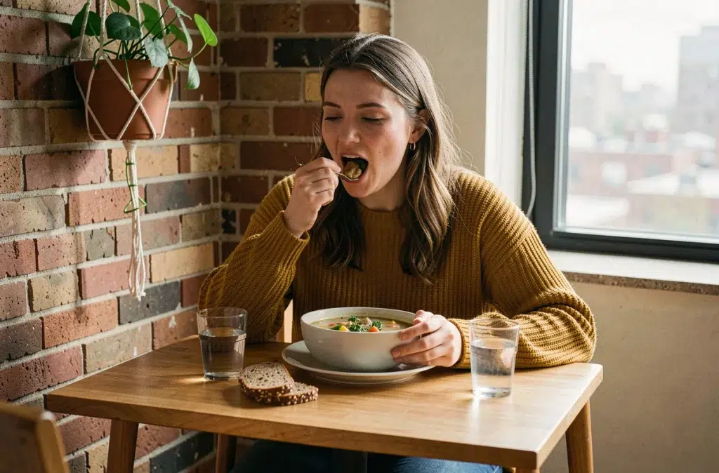 Femme mangeant une soupe de légumes et pain aux céréales complètes dans un appartement urbain