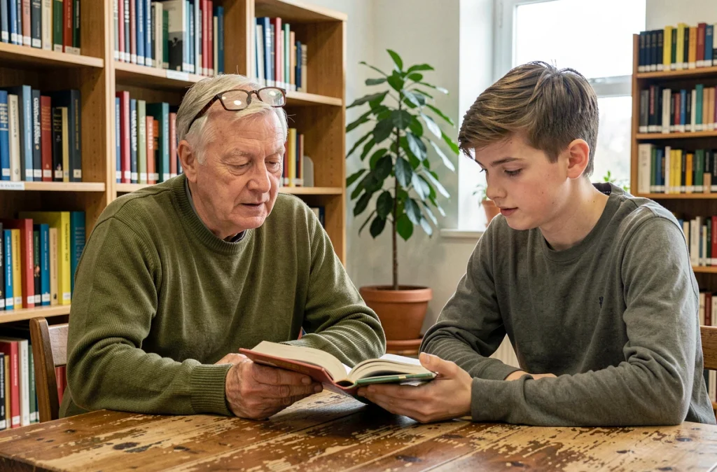 Homme retraité bénévole aidant un adolescent lors d'une séance de tutorat dans une bibliothèque communautaire