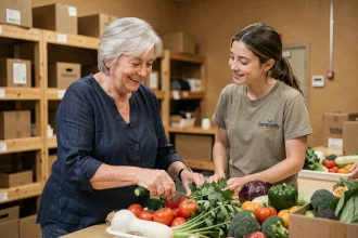 Femme retraitée faisant du bénévolat dans une banque alimentaire, souriante aux côtés d'un jeune bénévole